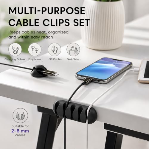 Image of Sounce Cable Organizer Clips, Self-Adhesive Silicone Cord Holder & Wire Manager for Desk, TV, PC, Car, Home, Office | Cable Management Hooks (Set of 10, Black)