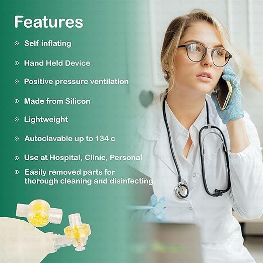 Image of OTICA Silicone Ambu Bag Kit with Mask & Oxygen Tube | Autoclavable Manual Resuscitator Bag Valve Mask (BVM) | Latex- Free Emergency CPR Ventilation Kit for Hospitals & Emergency Care - Adult (1600 ml)