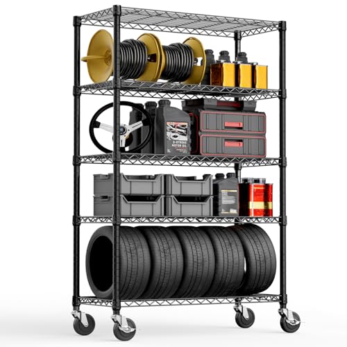 Steel Storage Shelving 5-Tier Utility Shelving Unit with Wheels, ...