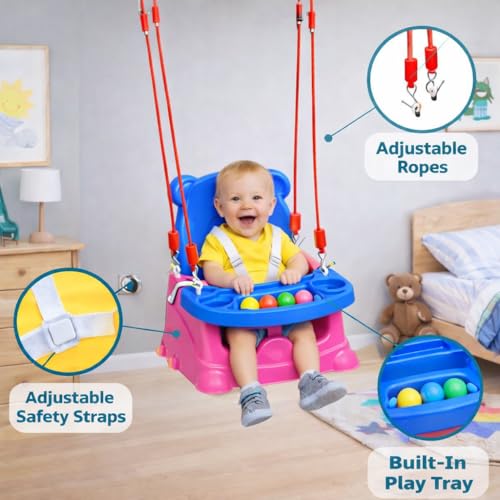 Image of 6-in-1 Multipurpose Baby Booster Seat Cum Hanging Swing Seat | Toddler Plastic Chair with Backrest & Safety Support | Feeding Seat with Long Ropes & Hooks for Boys & Girls (1-3 Years) (Pink Blue)
