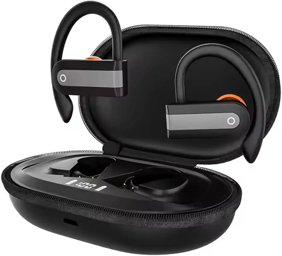 Fone de Ouvido Bluetooth Esportivo 5.4 com Gancho Som HD, Bateria Duradoura, Resistente à Suor IPX5, Cancelamento de Ruído, Microfone, LED Display e Conexão Sem Fio Estável para Corrida e Academia