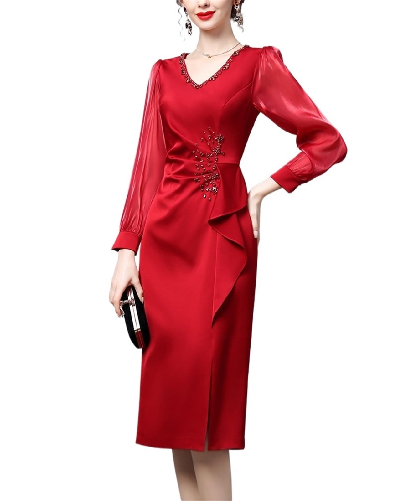 Amazon.com: GHAKKE Women Elegant Burgundy Evening Gown Sexy V Neck Long Sleeve Ruffles Slim Fit Midi Dress Cocktail Wedding Guest Dresses (Color : Red, Size : Medium) : Clothing, Shoes & Jewelry Amazon.com: GHAKKE Women Elegant Burgundy Evening Gown Sexy V Neck Long Sleeve Ruffles Slim Fit Midi Dress Cocktail Wedding Guest Dresses (Color : Red, Size : Medium) : Clothing, Shoes & Jewelry