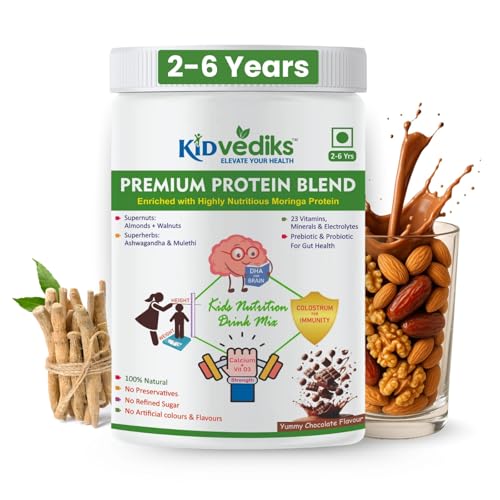 Image of Kidvediks Kids Protein Powder for 2-6 Years (350g) | Nutrition Drink Mix | Health Drink for kids - 23Vitamins & Minerals ,DHA, Moringa, calcium,zinc| No Refined Sugar, Artificial Flavours or Preservatives| Chocolate Flavour | Super Food | Supports Healthy Growth & Immunity Booster| With Almonds, Walnuts, Ashwagandha & Mulethi