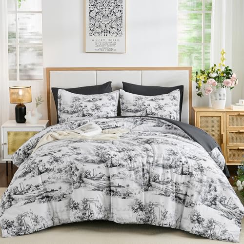 WONGS BEDDING King Comforter Set 7 Pieces, Black and White Botanical Comforter Bed in a Bag King, Soft Breathable Farmhouse French Toile Bedding Set with Comforter, Sheets, Pillowcases and Shams