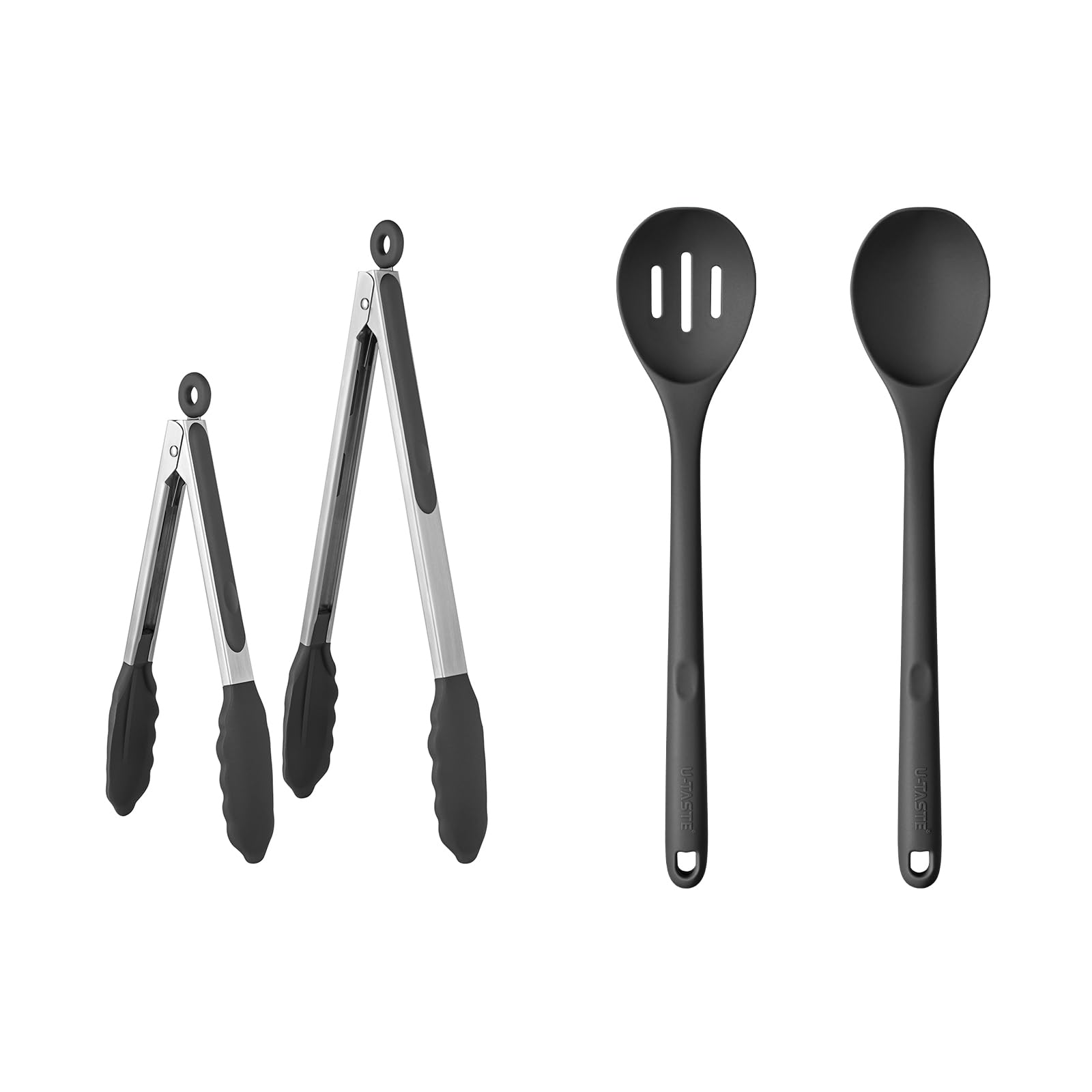 U-Taste 600℉ Heat Resistant Food Grade Non Stick Firm Cooking Tongs Set of 2, and 600ºF Heat Resistant Silicone Spoons, 13.3in Solid & Slotted Kitchen Mixing Tool (Black)