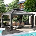 Domi 10x12FT Hardtop Gazebo, Outdoor Gazebo with Double Galvanized Steel Roof, Metal Pavilion Shelter for Patio, Lawn and Garden, Detachable Curtain and Netting Included, Gray