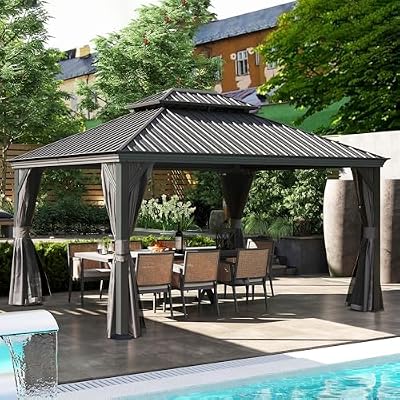 Domi 10x12FT Hardtop Gazebo, Outdoor Gazebo with Double Galvanized Steel Roof, Metal Pavilion Shelter for Patio, Lawn and Garden, Detachable Curtain and Netting Included, Gray