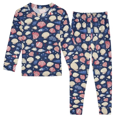 ALAZA Shell American Flag Star Blue 2 Piece Pajama Set Long Sleeve Top and Pants Sleepwear Unisex