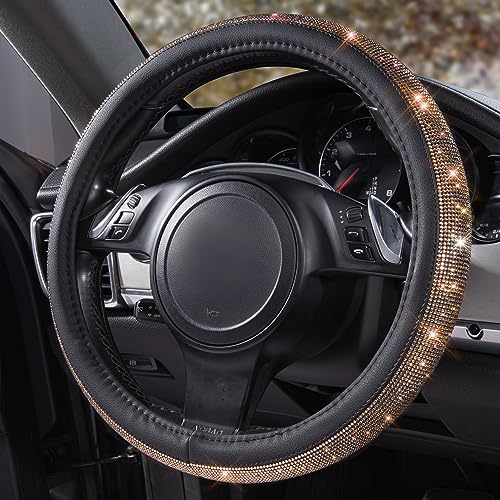 Image of CAR PASS Bling Champagne Diamond Steering Wheel Cover, Black Leather Universal Fit 14.5-15inch Glitter Rhinestones for Women Sparkle Crystal Girly Shining for SUV,Vans,Sedan,Car,Truck, Black Champagne