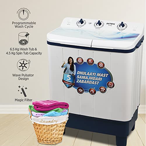 Image of Intex 6.5 KG Semi Automatic Top Loading Washing Machine with Premium Glass Lid (Wave Pulsator, Blue and White, SA65NBHG)