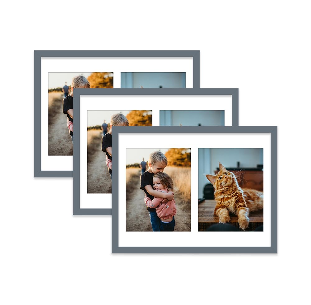 Grey Multi Photo Frame - Holds 2 x 9x7 Pictures, Family Collage Picture Frame for Wall Display, 16x12 Frame size, Set of 3