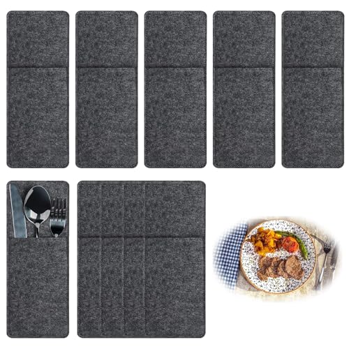 Yuwnd 10 Stück Bestecktasche Filz, Graue Bestecktaschen mit Serviette, Waschbare Bestecktaschen für Camping & Reise, Inklusive Serviette