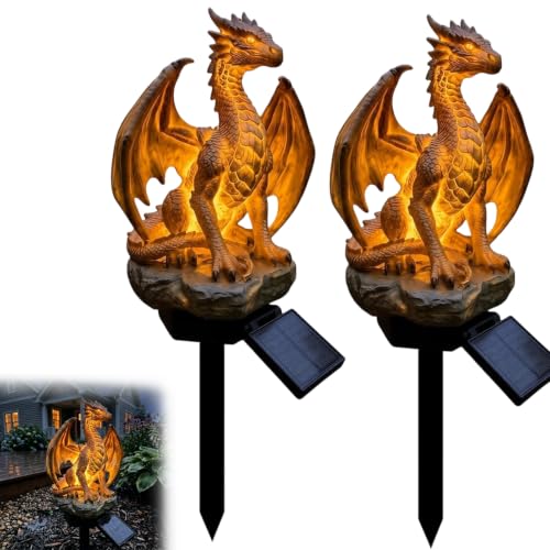 Solar Dragon Garden Statue Light Golden Ember Fantasy Outdoor Decor, Dragon Legacy Golden Ember Solar Light, Gothic Garden Dragons, Solars Powered, Outdoor Lawn Patio Pathway Decor, Yard Ornament (2a)