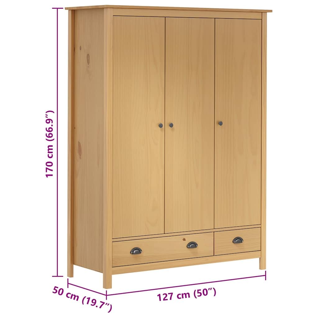 Hill - Armadio con 3 ante, 127 x 50 x 170 cm, in legno massello di pino con cassetti e mensola, per camera da letto, corridoio, cameretta dei bambini
