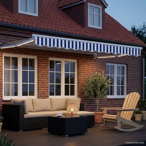 Store rétractable manuel bleu blanc avec toile polyester et LEDs solaires