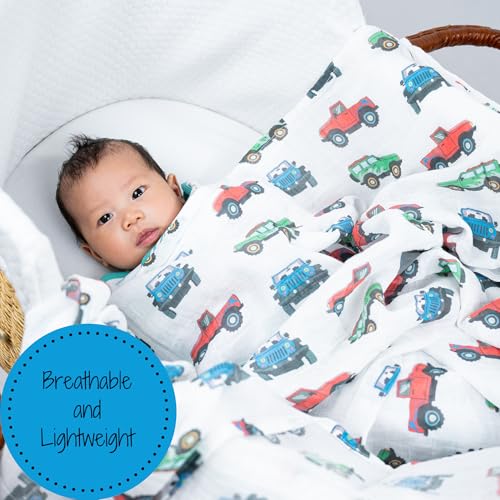 Image of LollyBanks Muslin Swaddle Blankets, 100% Cotton Baby Boy Blanket 47 x 47 Inches, Soft Baby Swaddle Breathable, Muslin Blankets for Boys, Newborn Essentials, Registry (Vehicle Print)