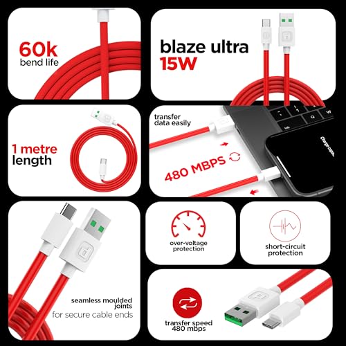 Image of Dubstep Blaze Ultra 15W USB-A to Type-C Fast Charging Cable,1 Meter, 480 Mbps Data Transfer, 60K Bend Life (Red)