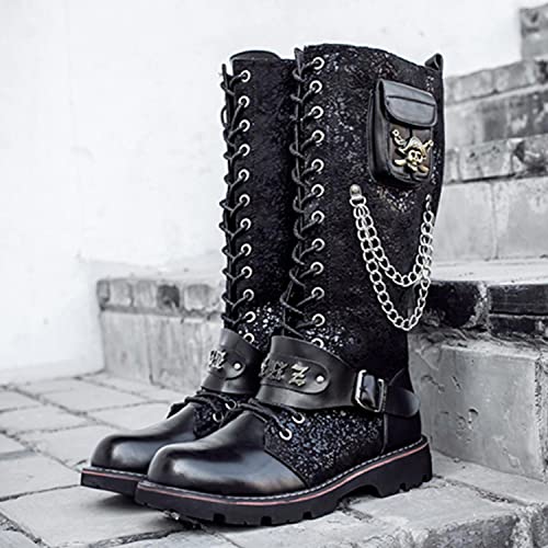 Men's Fashion Punk Motorcycle Boots Retro Metal Chain Lace Up Mid-Calf Boots4