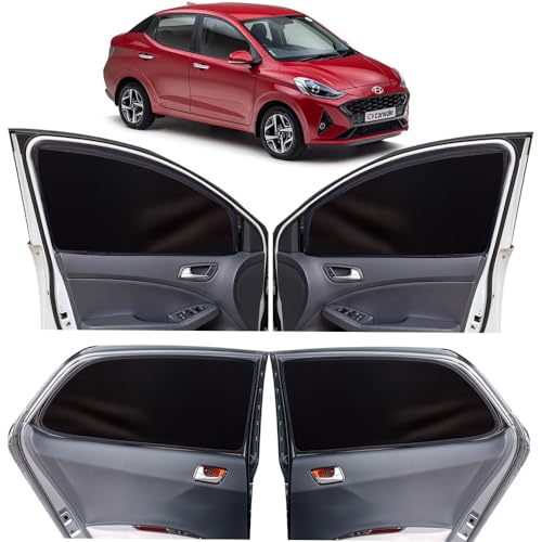 Image of OTO2EYE Car Sun Shade Compatible for Hyundai Aura Model 2020 to 2022, Z-Black Super Magnetic Grip, Front Window Zipper, Side Window Curtains, 4 Pieces Set