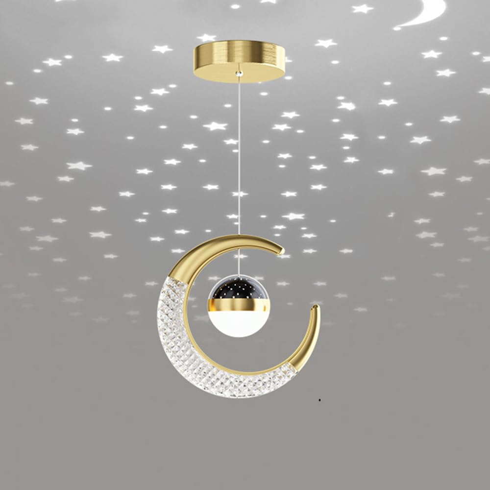 10W LED Lámpara Colgante Lampara Infantil, Lamparas de Araña Luna de Diseño Creativo Forma de Estrella, Dormitorio Lamparas de Techo Habitacion Los Niño Luz Colgante (Oro (blanco frío 6000K))