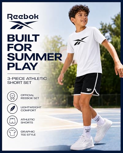 Image of Reebok Boys Athletic Shorts Set - 3 Piece Summer Clothes Outfit with Graphic Tees and Boys Running Shorts for Active Kids