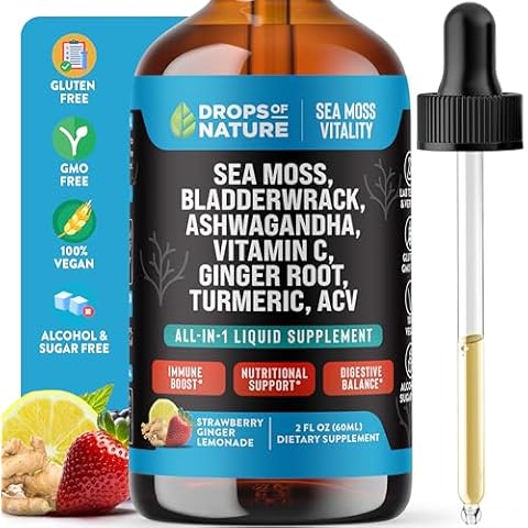 Ashwagandha & Turmeric Liquid Drops - Vitamin C, Sea Moss, Apple Cider Vinegar, Bladderwrack - Vegan Liquid Drops for Comprehensive Wellness Support & Vital Immunity (Strawberry Ginger Lemonade, 60mL) Cover
