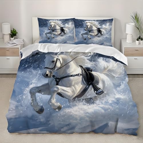3D Parure de lit Microfibre Motif Cheval Blanc Housse De Couette 90x190 cm 1 Personne Champ de Neige Blanche 3 Pièces Ultra Doux Parure de Lit pour Enfant Adulte avec 2...