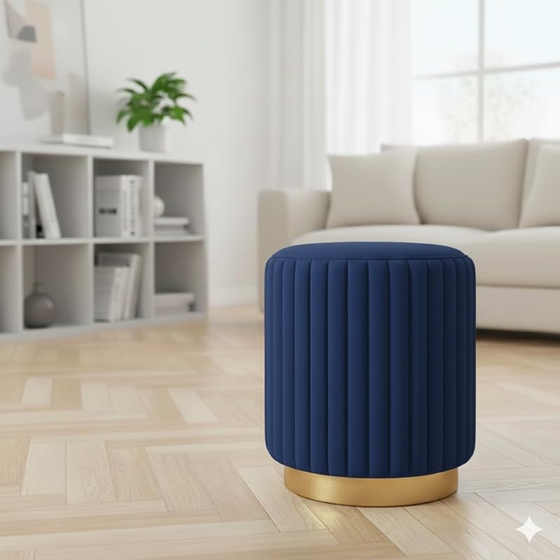 Image of Designer Velvet Round Footstool Ottoman with Sturdy Gold Metal Band Base for Home Decor & Extra Seating, Lightweight Pouf Stool for Sofa Side & Bedroom, 16x16x17 Inch (Royal Blue)
