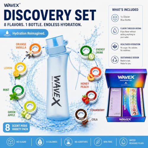 Image of Wavex Scented Water Bottle + 8 Aroma Scent Pods (Cola, Strawberry, Honey Peach, Energy Drink, Green Apple, Mint, Lemon, Orange Vanilla), Flip Top Lid, Straw & Carry Strap Included (Glacier Blue)
