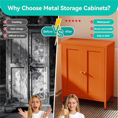Image of Metal Floor Storage Cabinet, Small Freestanding Sideboard Storage with 2 Adjustable Shelves for Bathroom Entryway Living Room Dining Room Coffee bar,11.8 inchD x 23.6 inchW x 31.5 inchH,3-Tier,Orange