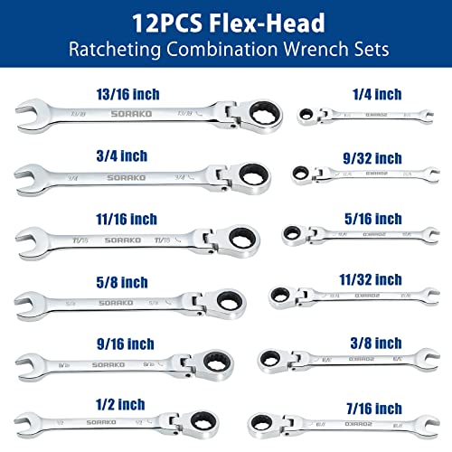 Sorako Ratcheting Wrench Set Flex Head, 16 Piece Sae Combination Ratchet Wrench Kit, 1/4″ - 13/16″ Chrome Vanadium Steel Wrenches With Bit Socket Wrench Adapter&Roll Pouch #TOP3