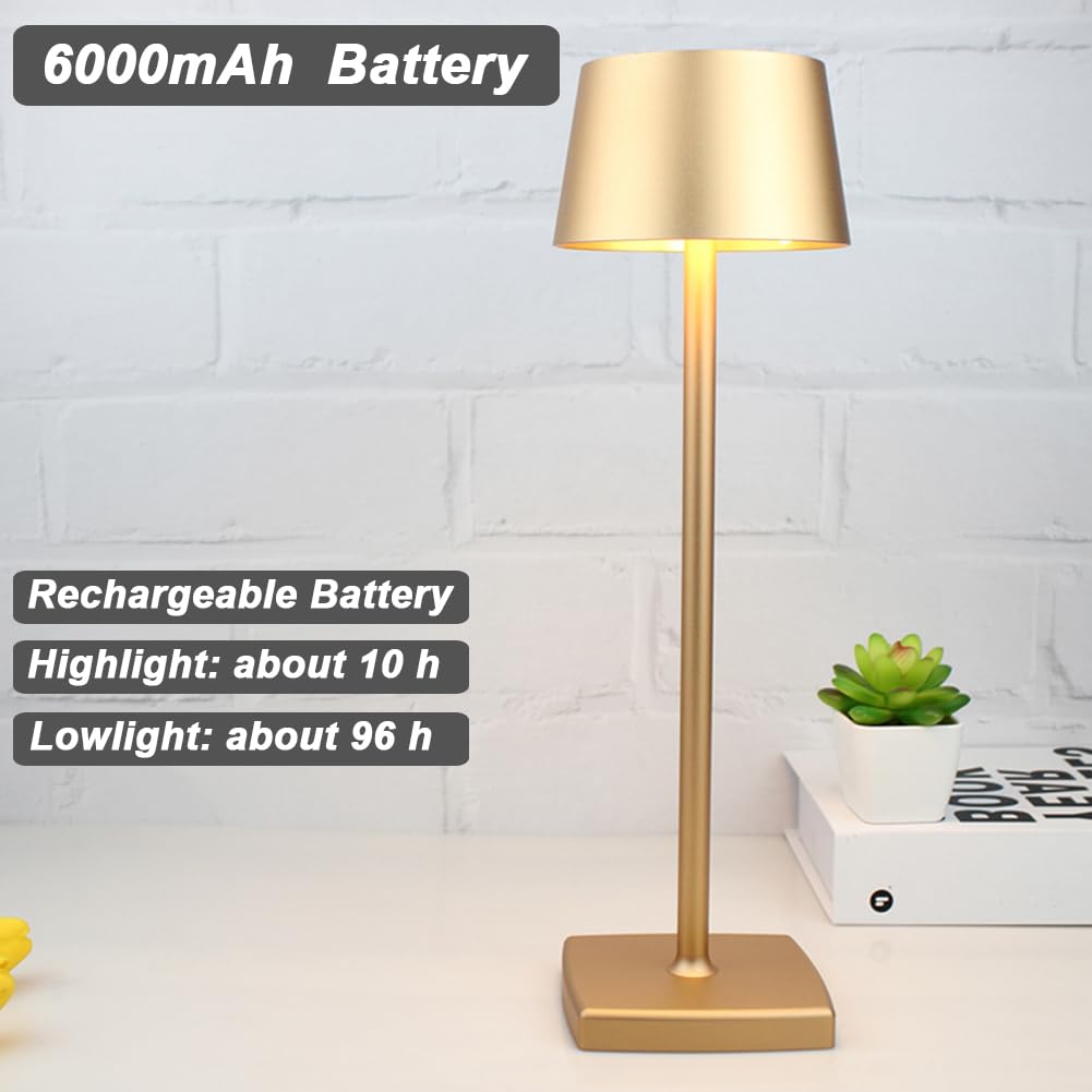 Lampada da Tavolo Senza Fili, 6000mAh Batteria Ricaricabile, IP54 Impermeabile, Lega di Alluminio, Oscuramento al Tocco, Luce Calda LED 4W, per Interno ed Esterno Ristorante Buffet Caffetteria, Oro