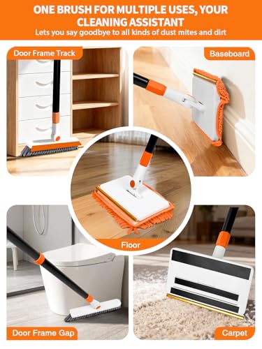 Image of 4-in-1 Baseboard Cleaning Tool with Extendable Handle 5 Reusable Pads 1 Carpet Rake Stiff Bristle Brush Multi-Surface Baseboard Brush for Cleaning Baseboard Wall Carpet Floor Bathroom Kitchen Pet Hair