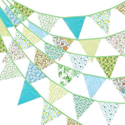 G2PLUS 12M Guirnalda Banderas Banderines Tela de Algodón, Pancarta Triángulo Multicolor Banderines Fiesta Decoración Colgante de Boda Bautizo Fiesta Cumpleaños Navidad（Verde）