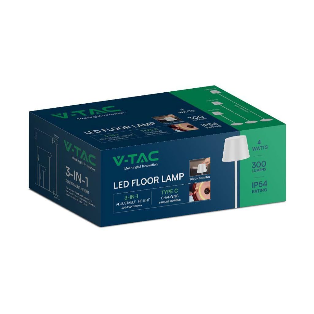 V-TAC Bezprzewodowa lampa podłogowa LED z możliwością ponownego ładowania, regulowana wysokość - czarna aluminiowa lampa do użytku wewnątrz i na zewnątrz, do domu i salonu, elegancki design