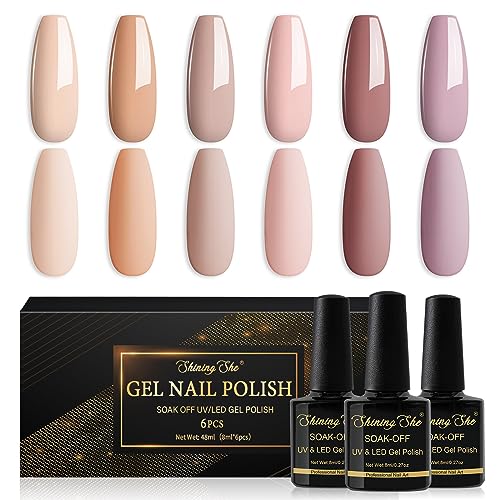 Shining She Esmaltes Semipermanentes Para Uñas en Gel UV LED,6 Colores Nude Rosa Beige Champán Pintauñas Semipermanentes Apto Para Principiantes Manicura,8ML
