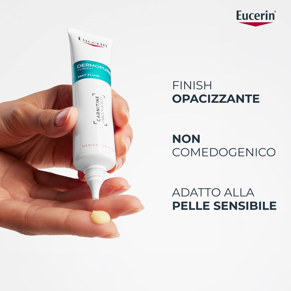 Eucerin DermoPure Clinical Fluido Opacizzante 40 ml, Crema opacizzante viso per 8h effetto mat, Crema viso pelle grassa e acneica con Acido Salicilico e Carnitina anti-imperfezioni e pori dilatati