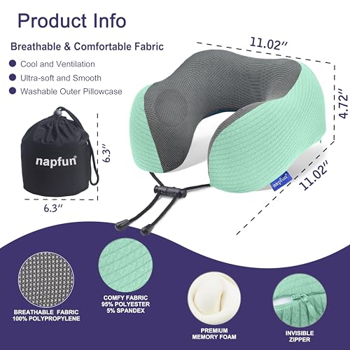 Image of napfun Neck Pillow for Traveling, Upgraded Travel Neck Pillow for Airplane 100% Pure Memory Foam Travel Pillow for Flight Headrest Sleep, Portable Plane Accessories, Turquoise