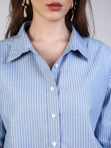 Image of Urbano Fashion Women's Cotton Full Sleeve Oversized Fit Casual Striped Shirt with Spread Collar