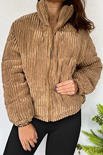 Automet Women's Winter Coats Corduroy Puffer Jacket Casual Zip Up Long Sleeve Lightweight Short Down Jackets #TOP1