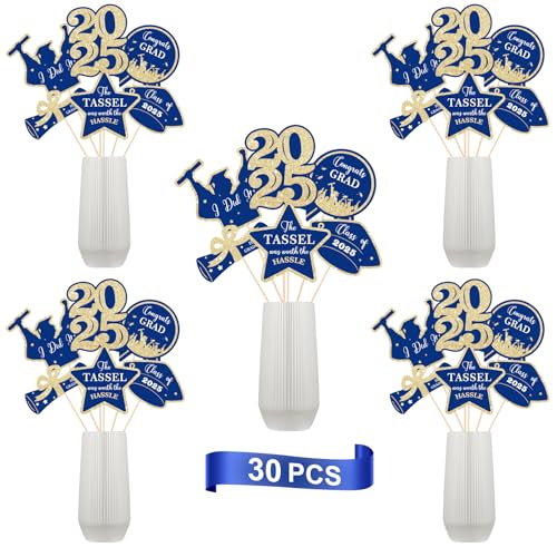 Image of COCHIE Class of 2025 Graduation Party Decorations, Table Centerpieces Sticks for Grad Parties Supplies, Shiny Table Topper Decor for Kindergarten Preschool High School College (Glitter Blue and Gold)