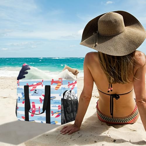 YETTASBIN Airplane Large Foldable Travel Tote Bag, Lightweight Waterproof Swim Pool Bag with Handles & Pocket for Beach Outdoor, Reusable Grocery Bag for Kitchen, Shopping 6