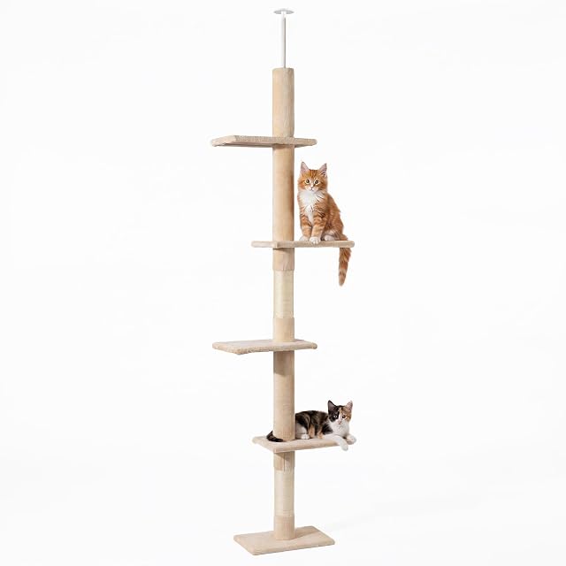 Fudajo Árbol rascador Suelo a Techo Beige 230-276cm Ajustable en Altura 4 Plataformas sisal