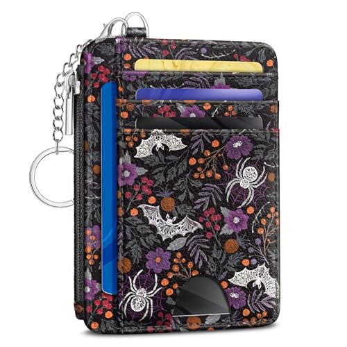 Image of Kelvoris Goth Bat Spider Credit Card Holder Small Wallet Women, Slim RFID | Keychain, Zipper Coin Pocket, Front Pocket Thin Travel Card Case, Minimalist, 6 Card Slots, 1 ID Window, Ladies Gifts Woman