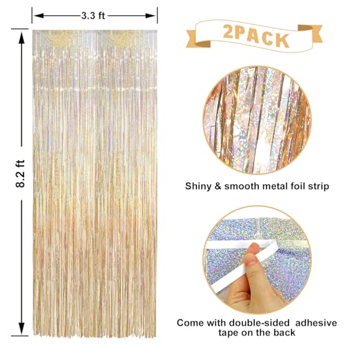 Image of 2 Pack Laser Champagne Gold Foil Fringe Curtains Streamers Party Decorations 3.3 x 8.2 ft, Tinsel Curtain Fringe Backdrop for Parties, Door Fringe Birthday Streamers, Photo Booth Backdrops