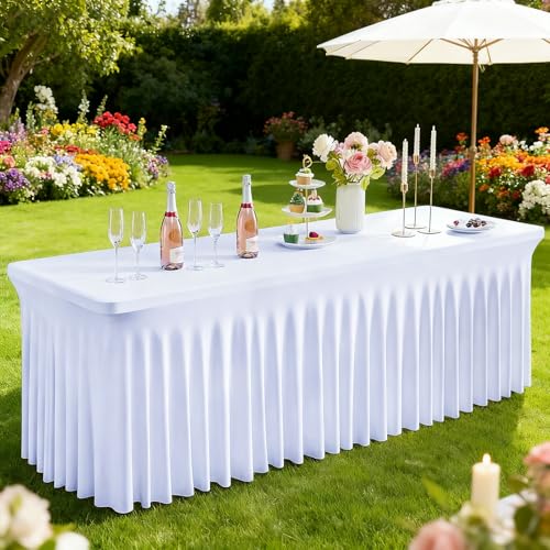 FAVE Nappe de Table Rectangle - Lot de 2 en Tissu Élastique Blanc (60x122 cm) - Design Ajusté et Cintré. Idéale pour Mariage, Banquet, Fête, Réception et...
