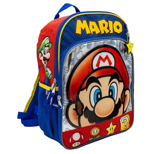 AI ACCESSORY INNOVATIONS Super Mario Brothers Backpack, 16” Nintendo School Bag Featuring a Big Face Mario, Blue & Red2