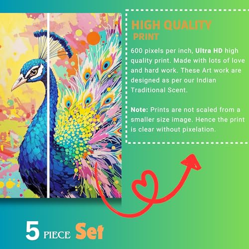 Image of Peacock Painting Set of 5 Sparkle Laminated MDF Big Size Wall Art | Peacock Wall Painting for Living Room, Bedroom, Home and Office