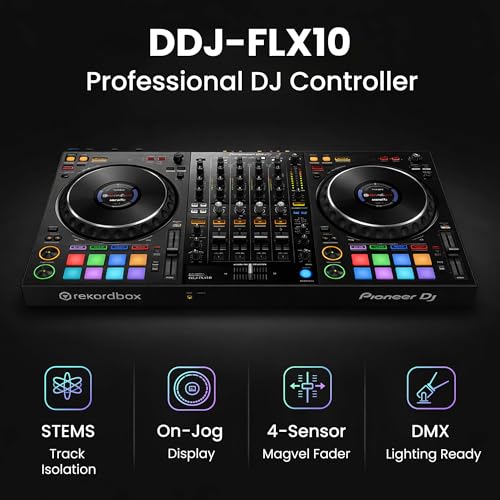 Image of Pioneer DJ DDJ-FLX10 4-Channel Professional DJ Controller - Black Bundle with Gearlux Headphones, DMX Cable, and Austin Bazaar Polishing Cloth