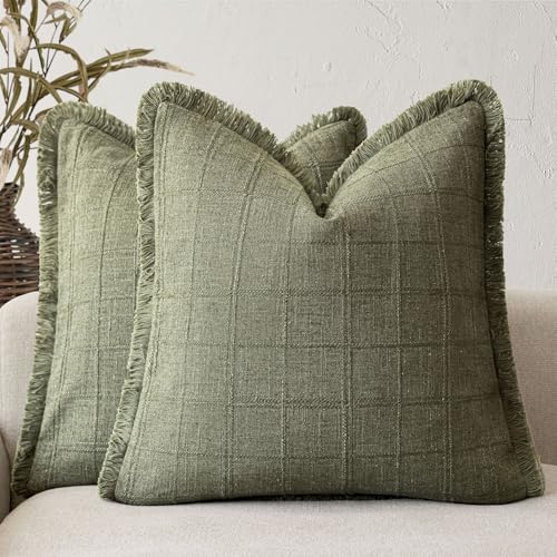 Image of Foindtower Set of 2 Decorative Linen Check Fringe Throw Pillow Covers Farmhouse Vintage Cushion Covers Modern Boho Home Decor for Sofa Chair Couch Bedroom Living Room,20x20 Inch,Sage Green